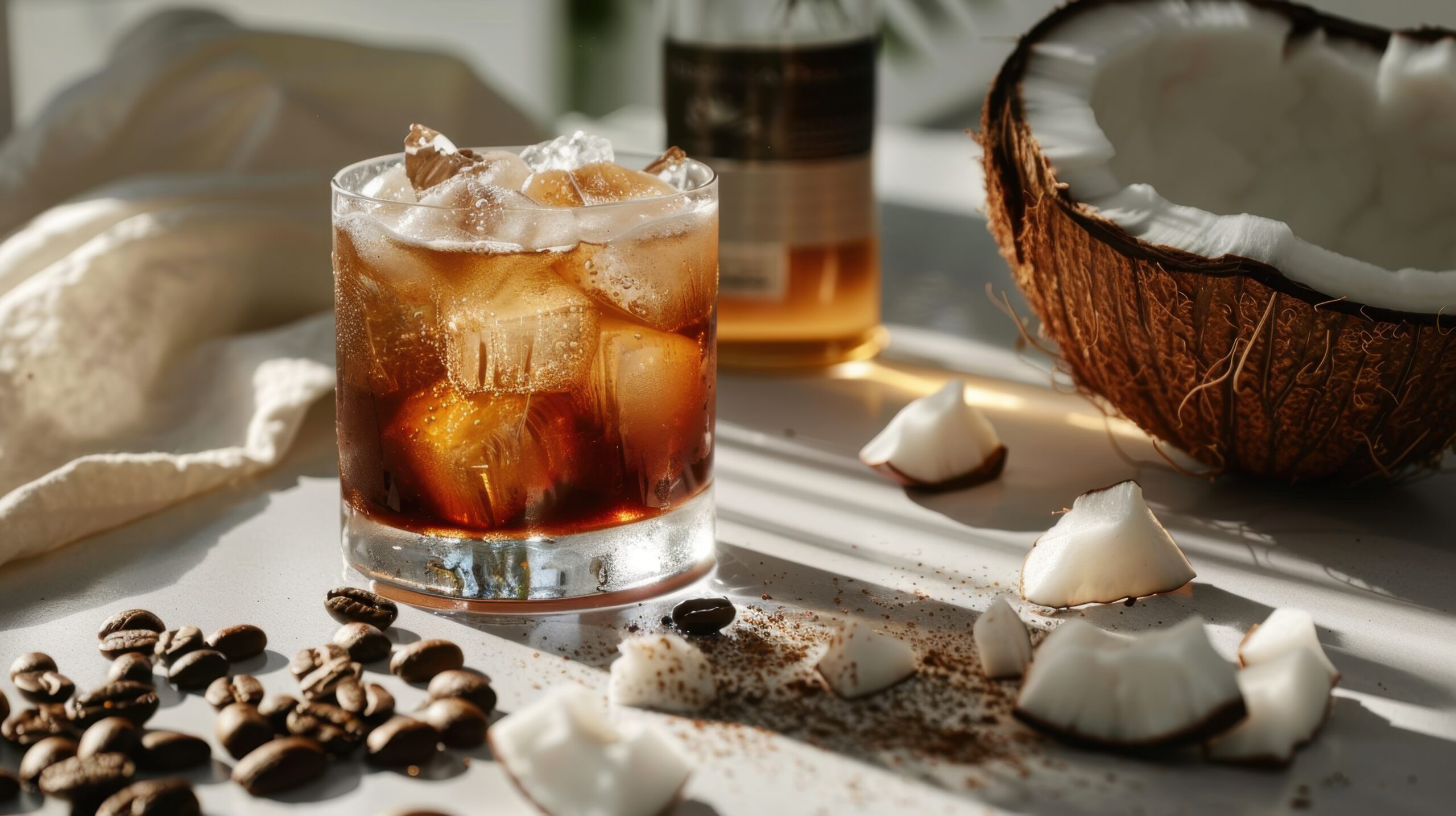 Iced coffee with coconut and rum on sunlit table