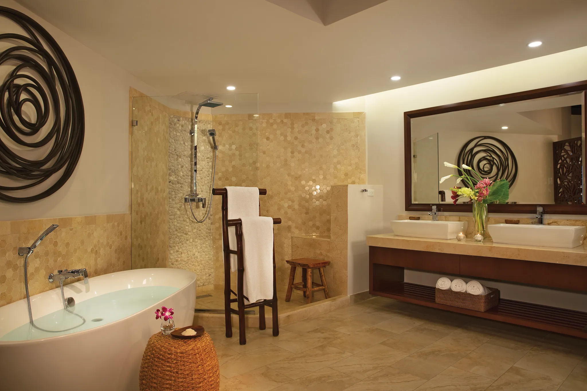 Junior Suite Swim Out Ocean View bathroom with soaking tub and walk-in shower at Zoëtry Montego Bay Jamaica.