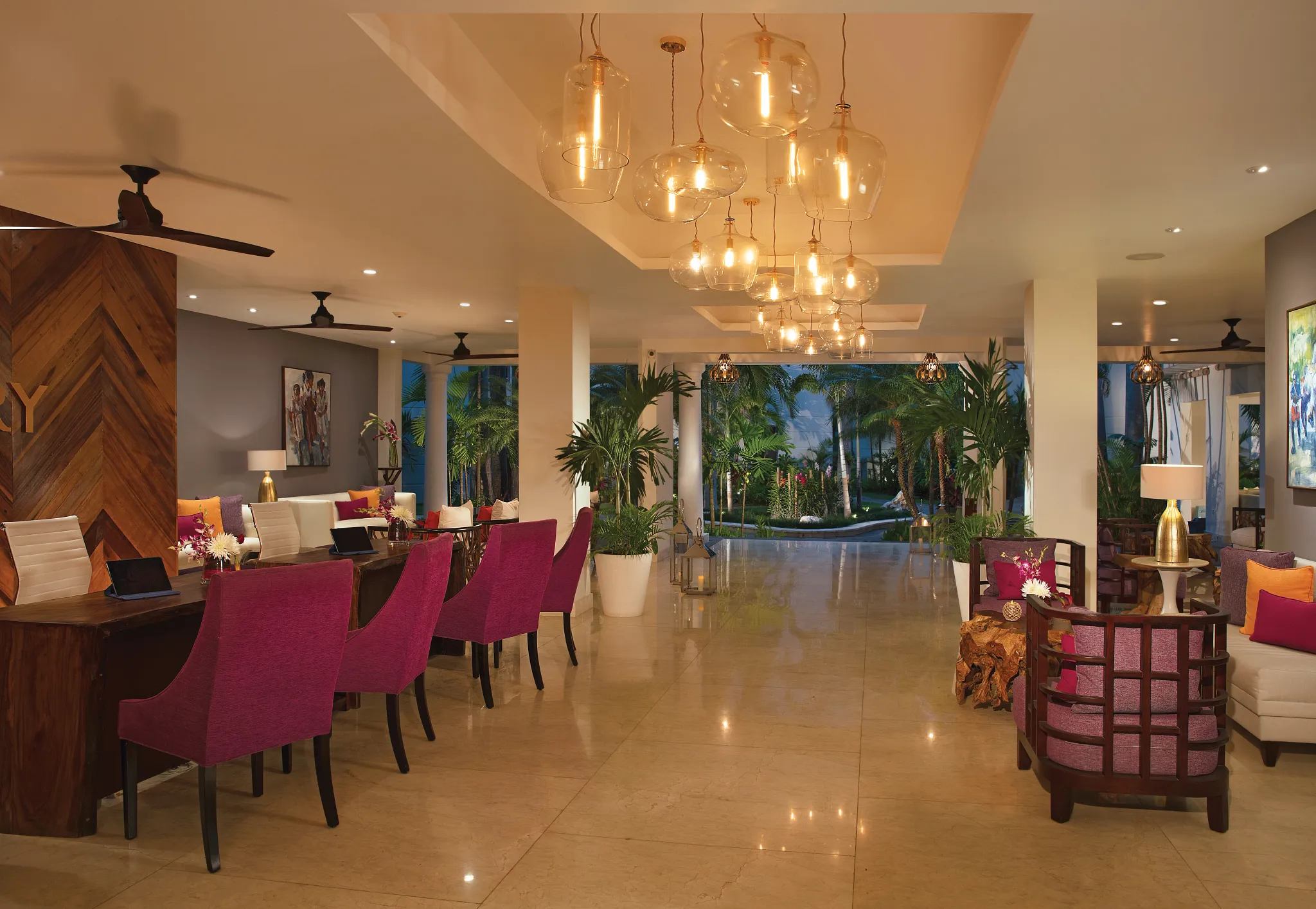 Sophisticated evening lobby interior with warm lighting at Zoëtry Montego Bay Jamaica.