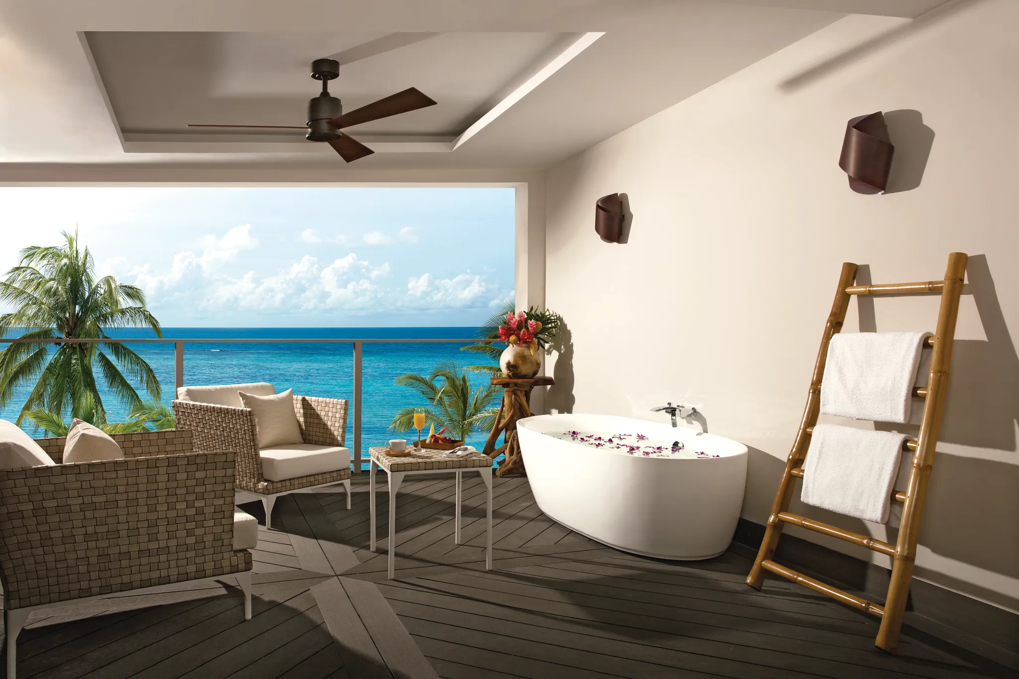 Master Suite Ocean View terrace with private soaking tub and Caribbean sea views at Zoëtry Montego Bay Jamaica.